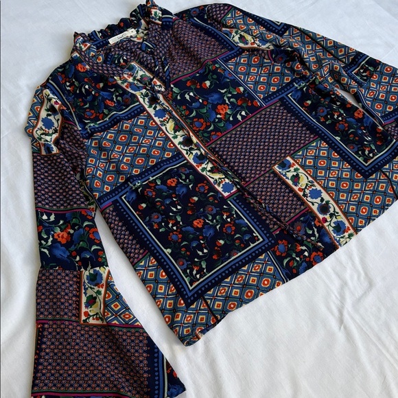 Hazel Anthropologie Boho Multicolor Floral Patchwork Blouse Bell Sleeve Women M - Picture 9 of 13